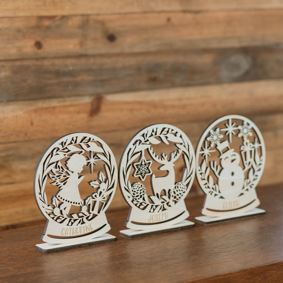 6 pieces of Personalised Christmas Wooden Snow Globes - Angel, Snowman, Reindeer