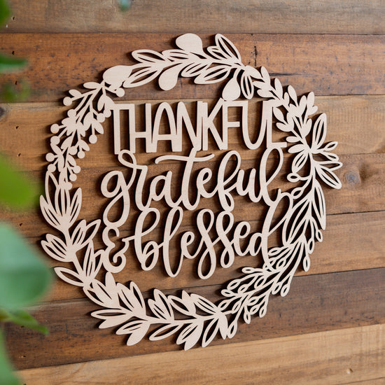 Thankful Grateful Blessed Botanical Wooden Wreath