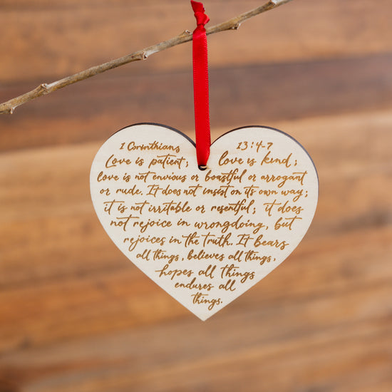 Engraved Wood  Love Ornament - 18 Love Is Patient, Love is Kind