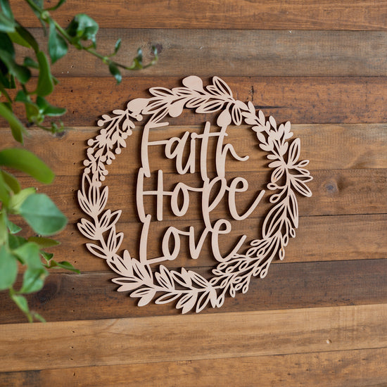 Faith Hope Love Botanical Wooden Wreath